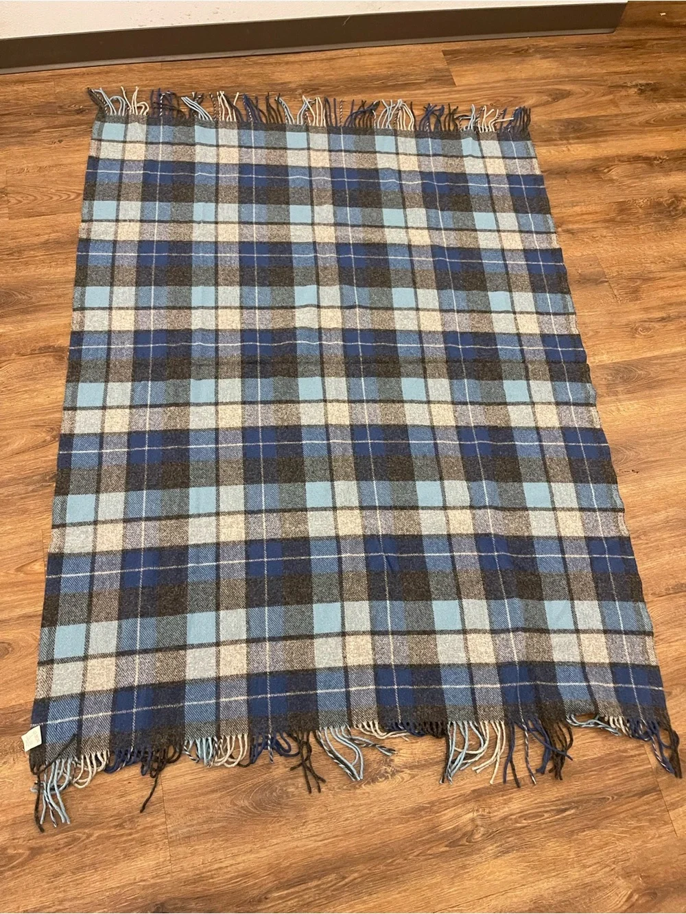 Pendleton Blue Plaid 100% Wool Vintage Fringe Throw Blanket 77X52 Made in USA